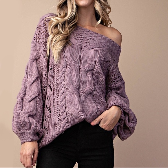 Purple Sweater, Cable Knit Sweater Puff Sleeve - Picture 4 of 8
